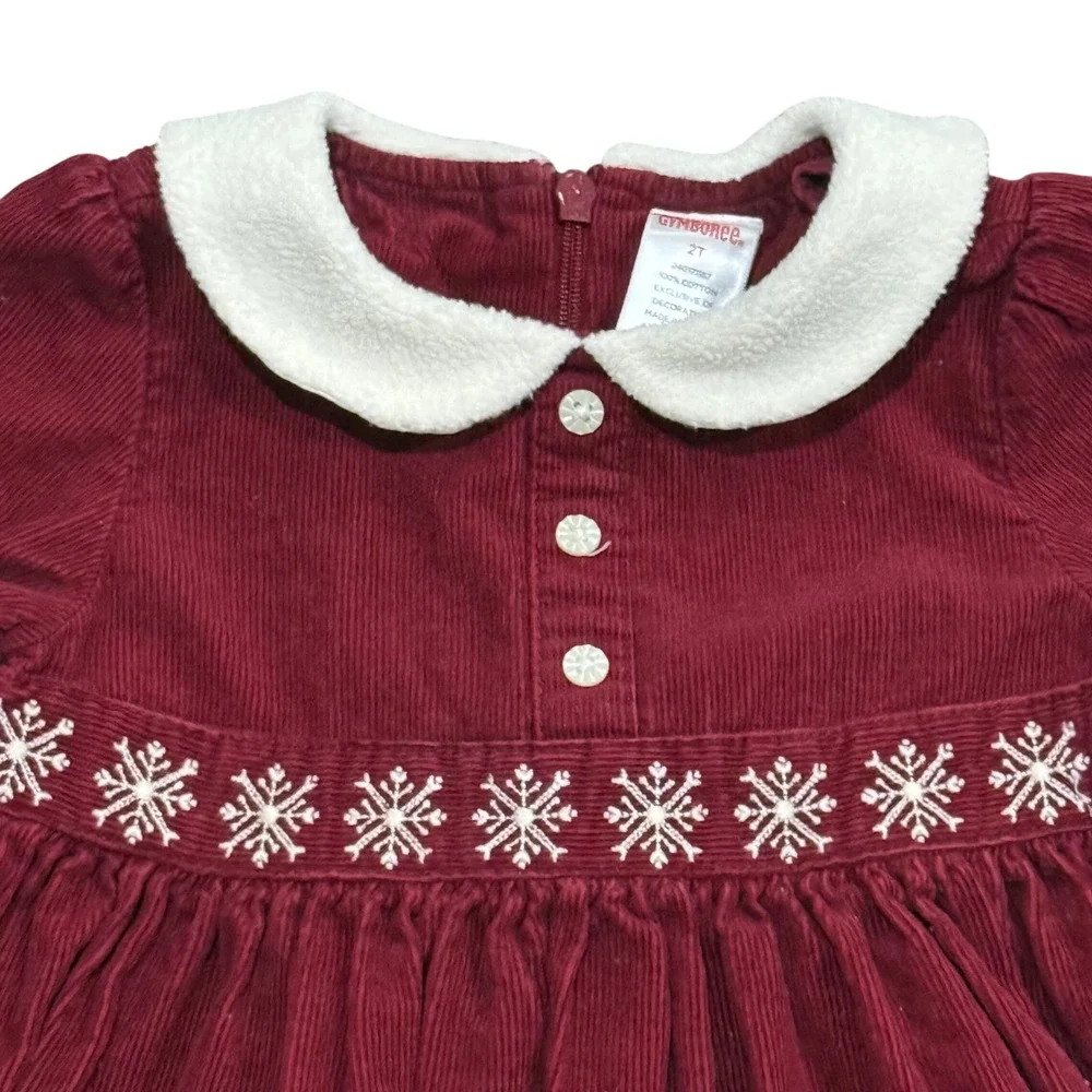 Gymboree Girls Red Corduroy Snowflake Christmas Dress Size 2T Long Sleeve‎